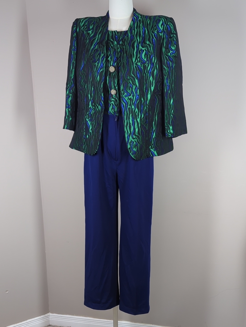Vintage Women's Green & Blue Patterned Jacket with Navy Pants Set Jumpsuit